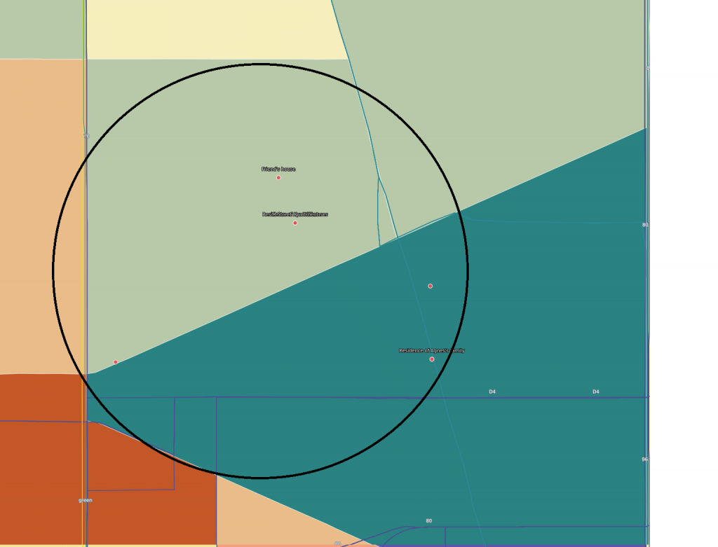 An image plotting the location of the apartment of 427 M Street with an overlay of median income. A circle is used to represent a rough approximation as to where Maddie's apartment is located. The areas mentioned are within the incomes of $5,000 to $15,000