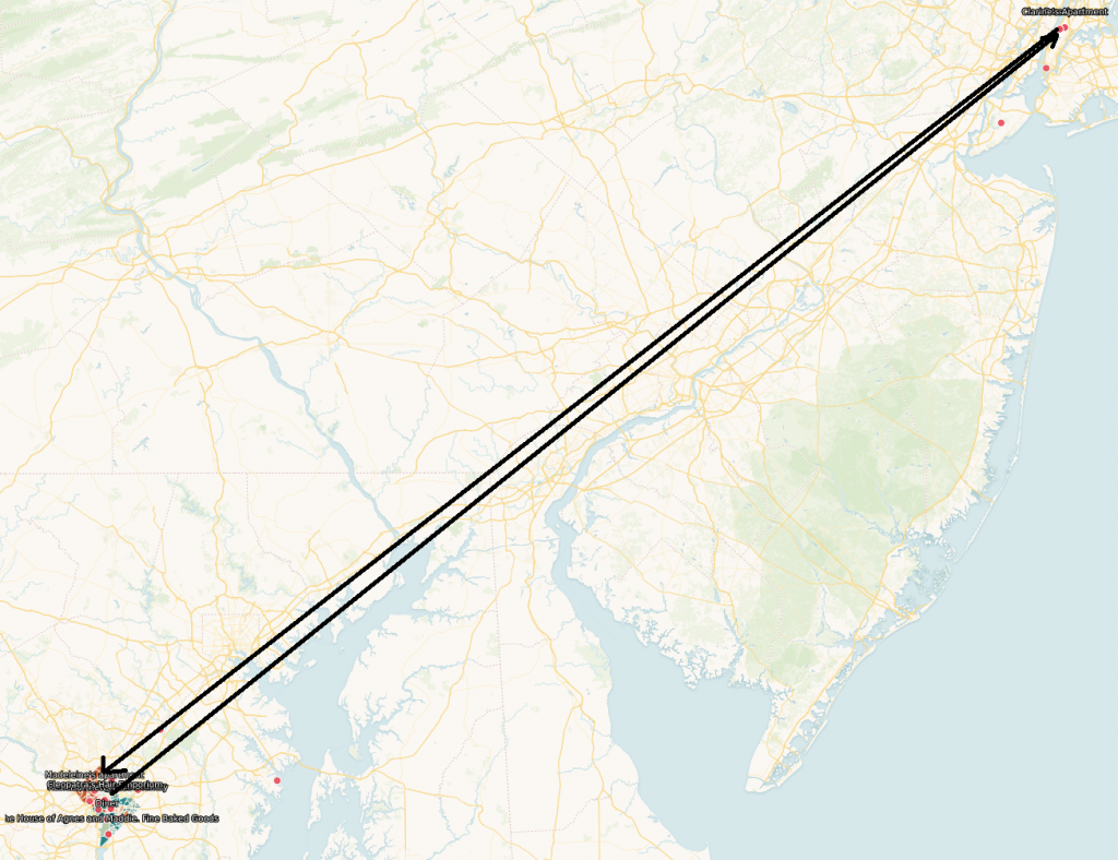 A map showing the movement of Madeleine from Maddie's apartment to Columbia and then to an apartment on Pennsylvania Avenue. The apartment on Connecticut Avenue is in an affluent area within Washington D.C.