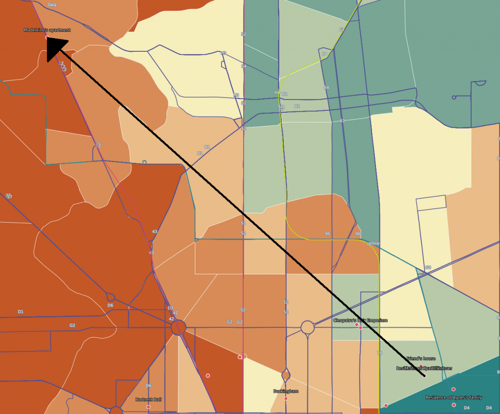 Image showing Madeleine's movement just within D.C., showing a progression towards the Northwest side of the city. Madeleine's newest apartment is in an affluent area with incomes upwards of $70,000. 