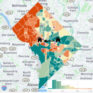 Map locations in "His Mother's House" by medium income of neighborhood. Joyce's first home is in a blue (low income) area while her new home is in a red (high income area).